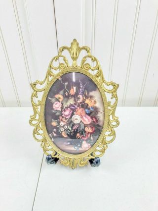 Vintage Convex Glass Brass Frame Picture Of Flowers Made In Italy Floral Art