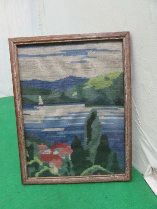Vintage Small Framed Embroidered Picture Riverscape Scene