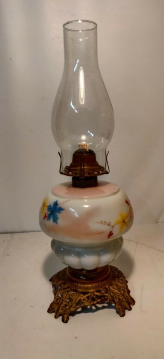 Antique Oil Lamp Hand Painted Metal Ornate Base 17 3/4 " Tall