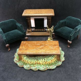Vintage Dollhouse Living Room Set Furniture Fireplace Chairs Coffee Table Rug