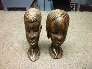 African Hand Carved Ironwood Male & Female Heads Sculptures Busts Tribal