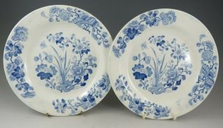 Pair Antique Pottery Pearlware Blue Transfer Wedgwood Flower Group Plates 1820