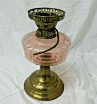 Vintage Heavy Brass Oil Lamp Base & Pink Glass Reservoir Converted To Electric