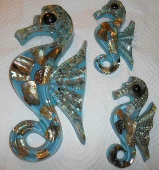 Rare 1969 Turquoise Blue Lucite & Abalone Shell Seahorse Set Of 3 Gorgeous