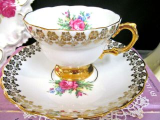 Rosina Tea Cup And Saucer Pink Roses Pattern Gold Gilt Teacup 1930s England