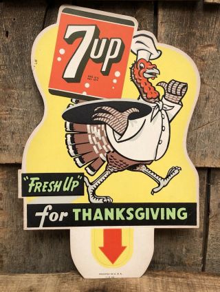 Rare Vintage 1948 7up Fresh Up For Thanksgiving Bottle Topper Die Cut Sign