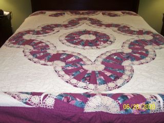 Vintage Patchwork Fan/lace American Pacific Handcrafted Quilt W/shams 91 " X 100 "