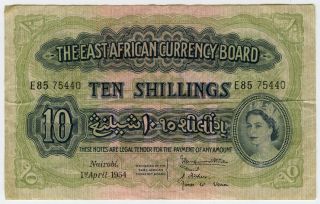 East Africa 1954 Queen Elizabeth Ii 10 Shillings Rare Very Crisp Vf.  Pick 34.