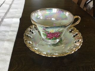 Bone China Tea Cup & Saucer Porcelain Floral Irridescent With Gold Trim Vtg