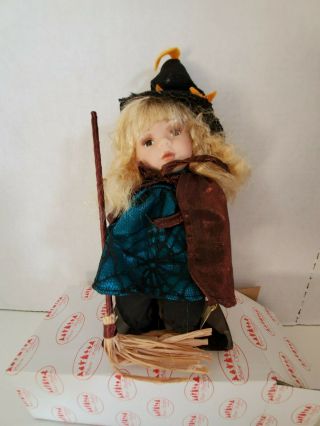 Show Stoppers Teenie Witch Collectible Porcelain Doll With Broom Rare Blue