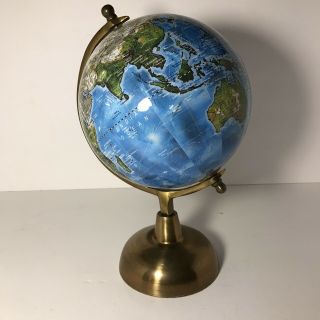 Decorative 8” World Globe On Solid Brass Rotating Stand Dark - Blue And Green