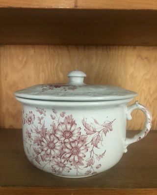 J H W & Sons Red Transfer Ware Daisy Chamber Pot/lid Hanley England