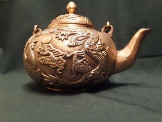 Chinese Brass Dragon Phoenix Teapot Signed Qianlong Yu Zhi 1960s