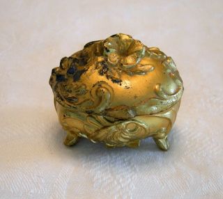 Tiny Antique Victorian Gold Gilt Metal Jewelry Casket Box W/ Blue Silk Lining