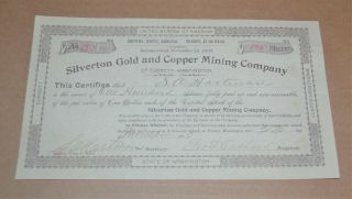 Silverton Gold And Copper Mining Company 1895 Antique Stock Certificate
