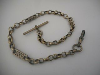 Pretty Long Antique Silver Plate/ Metal Pocket Watch Chain,  T - Bar & Clasp