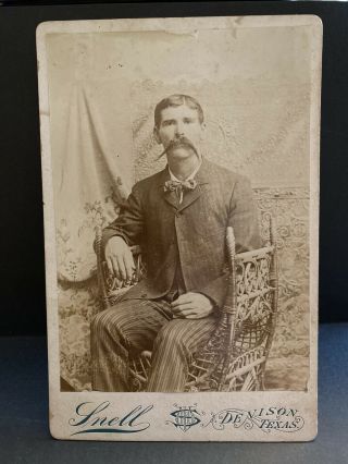 Antique Cabinet Card Photo Handsome Man W Waxed Mustache Denison Texas Tx