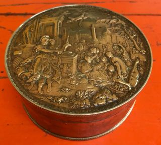 Antique Vintage Old Copper Brass Circular Box Roman Classical Scene Lid