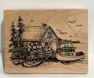 Psx Lake Cabin Boat Log Landscape Dock K - 2893 Rubber Stamp Rare