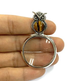 Antique Style Owl Magnifying Glass With Tiger Eye Pendant 925 Sterling Silver