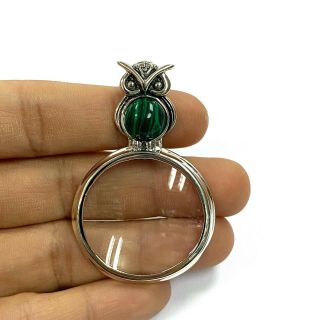 Antique Style Owl Magnifying Glass With Malachite Pendant 925 Sterling Silver