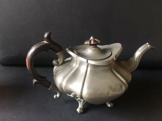 Large Antique James Dixon & Sons Pewter Teapot With Feet & Wooden Handle
