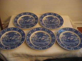 Antique Villeroy & Boch Dresden Flow Blue 5 Salad/cake Plates Farm Scene 4 Of 6