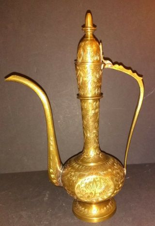 Vintage Indian Brass Coffee Pot Engraved Antique Decorative Style Tea Long Spout