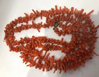 Long Antique Natural Red/ Salmon Branch Coral Bead Necklace - 80 Cms