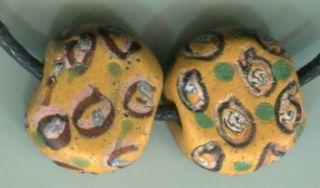 African Trade Beads Vintage Venetian Old Glass 2 Rare Yellow Fancy Tabular Eye