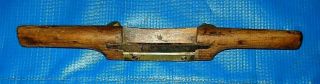 Antique Wooden Spoke Shave 9 3/4 " Long W/brass Sole Plate & Brass Adjusting Nuts