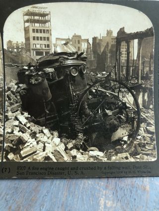 Antique Stereoview Card Photo San Francisco Disaster Crushed Fire Engine Post St