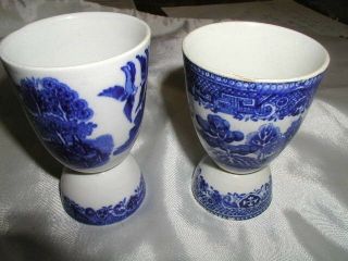 2xrare Antique Double Egg Cups Grimwades Stoke On Trent Ye Olde Willow Flow Blue