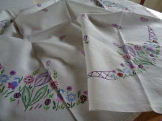 Charming Vintage Hand Embroidered Tablecloth,  Stylized Tulips/spring Flowers