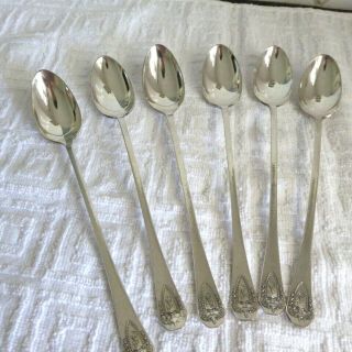 Vintage Silver Plate 6 Iced Tea Spoons Long Handle 7.  5 Inches Entwined Initials