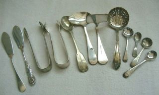 Mixed Antique Cutlery Silver Plate Epns Salt Spoons Tongs Butter Knives Sifter