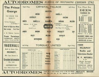 RARE PRE - WAR WW2 FOOTBALL PROGRAMME CRYSTAL PALACE V TORQUAY UNITED 1939 2
