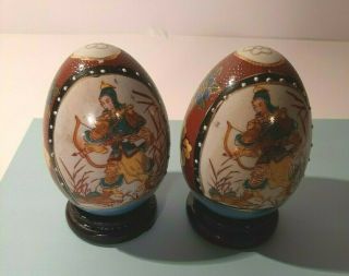 Vintage Porcelain Satsuma Oriental Hand Painted Japanese Eggs With Stands 4 Inch