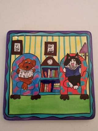Catzilla By Candace Reiter Rare 1999 Vintage Dog And Cat Reading Trivet Tile