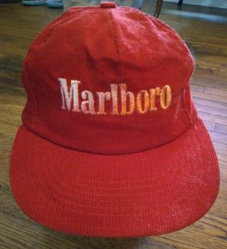 Vintage Red Corduroy Malboro Cap 1985 1980s 80s Snapback Cigarette Hat Rare