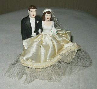 Vintage Bride and Groom Cake Topper Satin and Lace Skirt 2
