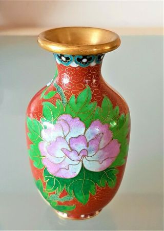 Vintage Chinese Cloisonne Vase Peonies Flower