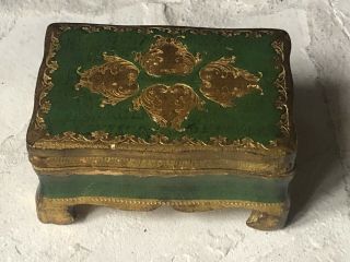 Vintage Italy Green Gold Florentine Antique Box Painted Wood Hearts Italian