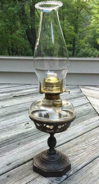 Antique Bradley Hubbard Rare Cast Iron Pedestal Bracket Glass Oil Kerosene Lamp