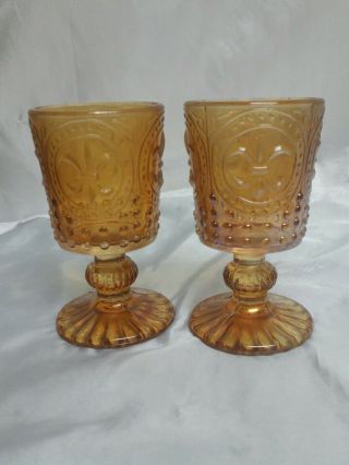 Vintage Rare Amber Carnival Glass Goblets Fleur De Lis Pattern Set Of 2