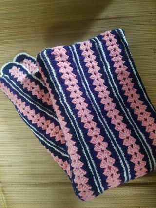 Large Handmade Crochet Afghan Blanket - Pink,  Navy Blue,  White 91 " X 52 "