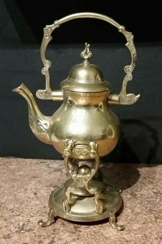 Decorative Brass Teapot / Tea Kettle On Fancy Brass Display Stand Hinged Lid Etc
