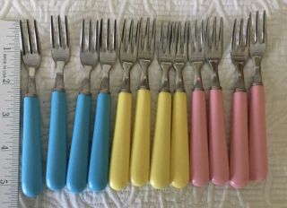 12 Rare Japan Vintage Stainless Appetizer Forks Blue Pink Yellow