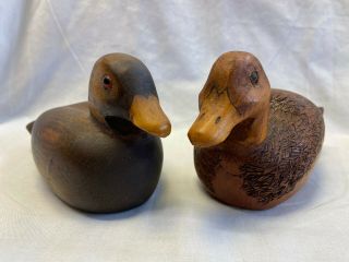 Two Small Vtg Hand Carved Wooden Duck Decoys Signed Lou Beer? Hunting 1980