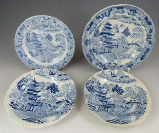 Group Of Antique Pottery Pearlware Blue Transfer Broseley Small Plates 1815
